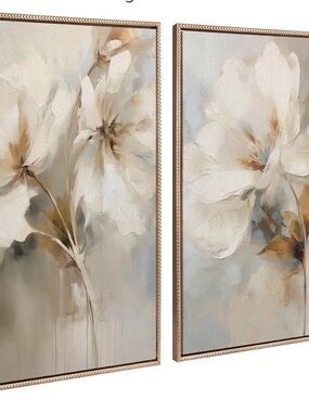 Kate and Laurel Cream, Tan and Blue Floral Framed Wall Art Pair